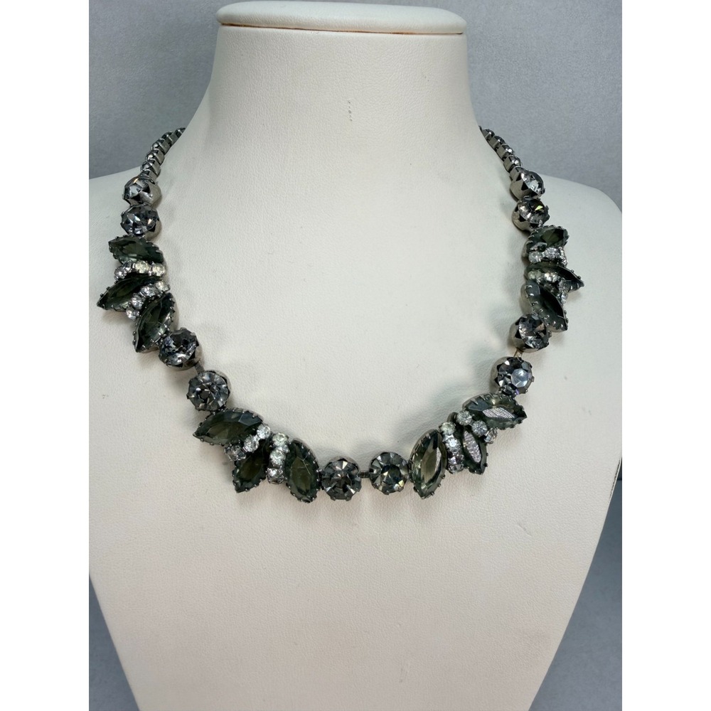 Vintage Juliana D&E Smoky Green Rhinestone Leaf Necklace Clear Crystal Statement